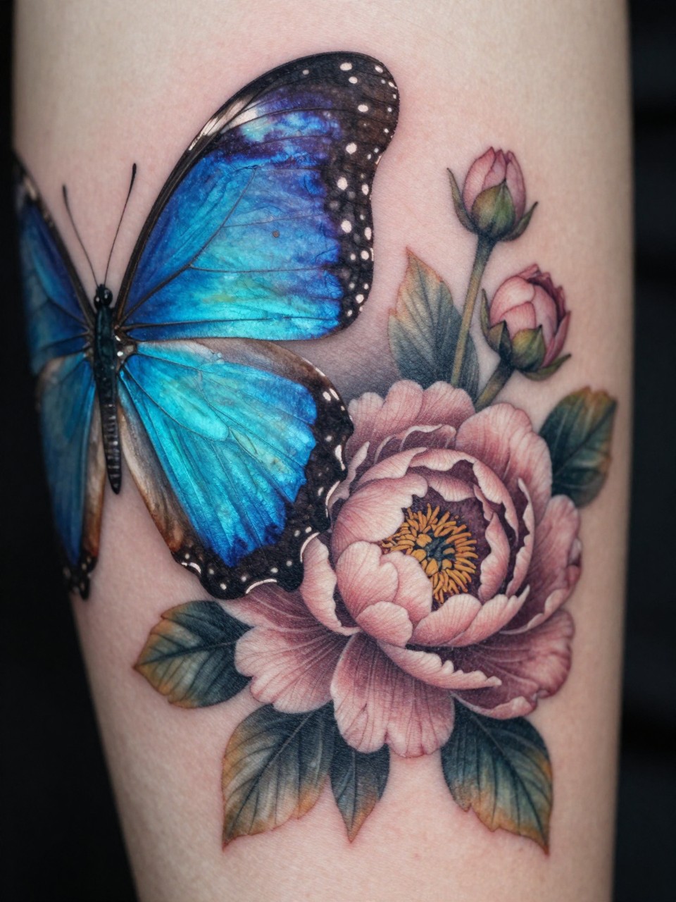 Macro shot section of a sleeve tattoo: a Blue Morpho butterfly's wing details next to a finely shaded peony. Vivid colors, realistic shadows, creating a 3D garden effect on the skin.