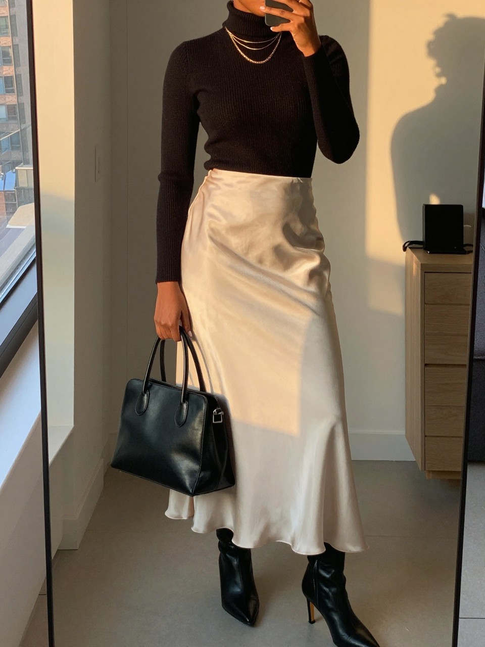 mirror selfie of a black woman wearing a black fine-knit turtleneck tucked into a cream satin maxi skirt with layered gold necklaces and black heeled ankle boots, holding a structured black leather handbag, standing in an elegant pose, cropped at NECK so face doesn't show, in a city apartment, evening golden hour, iPhone photo quality.