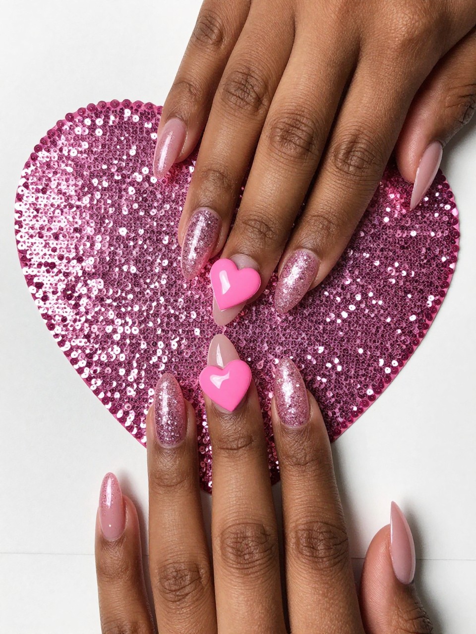 Bird's-eye view of black feminine hands with almond nails resting on a sequined Valentine's card. The nails have a sparkling pink glitter gradient. A single, shiny, solid pink heart sits in the middle of each nail. The mood is festive, girly, and cheerful.