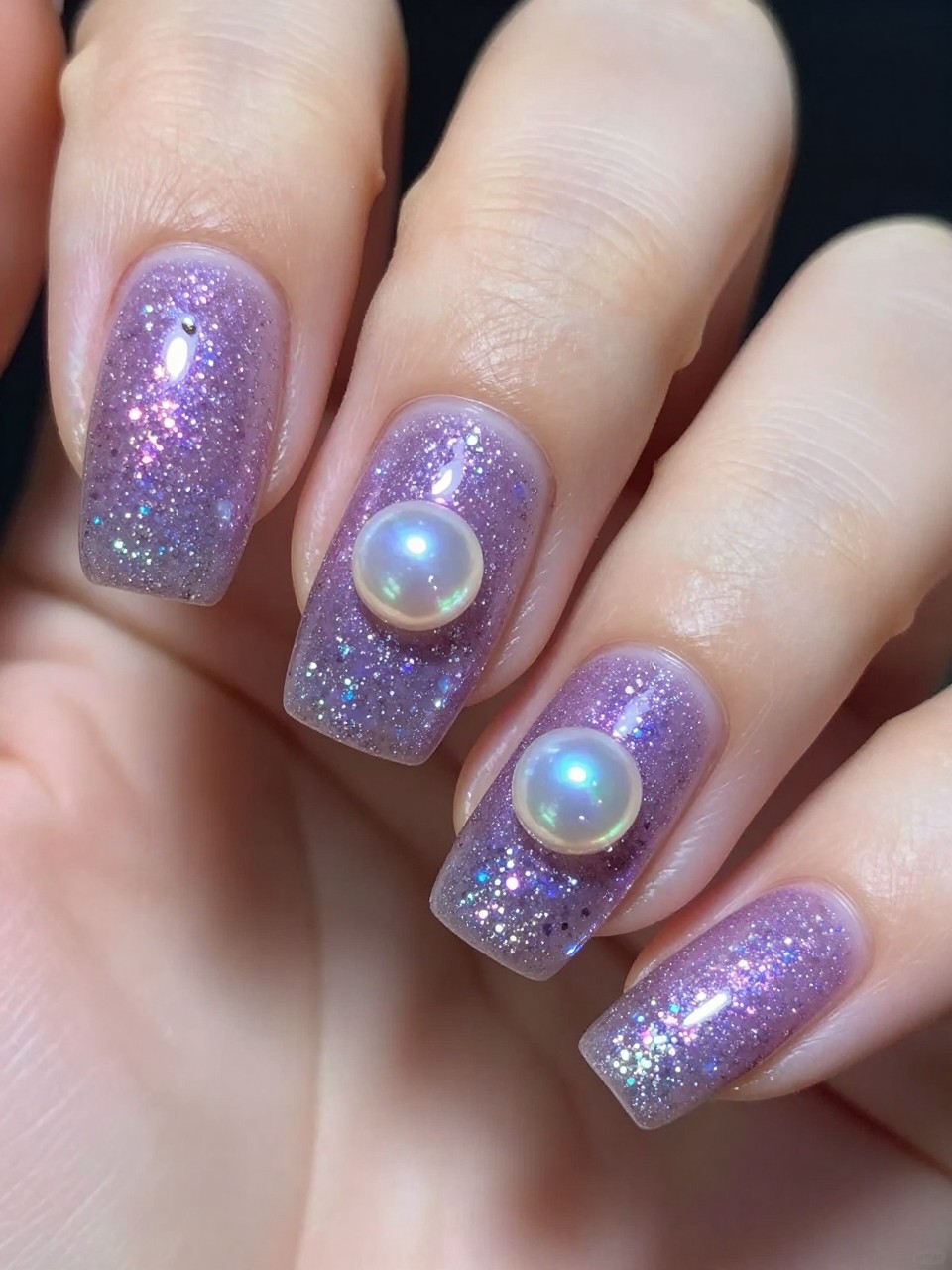 Close-up of nails with a sparkling lilac glitter gradient concentrated at the base. A single opalescent pearl sits in the center of the glitter on each nail. The effect is dewy, romantic, and shimmering.