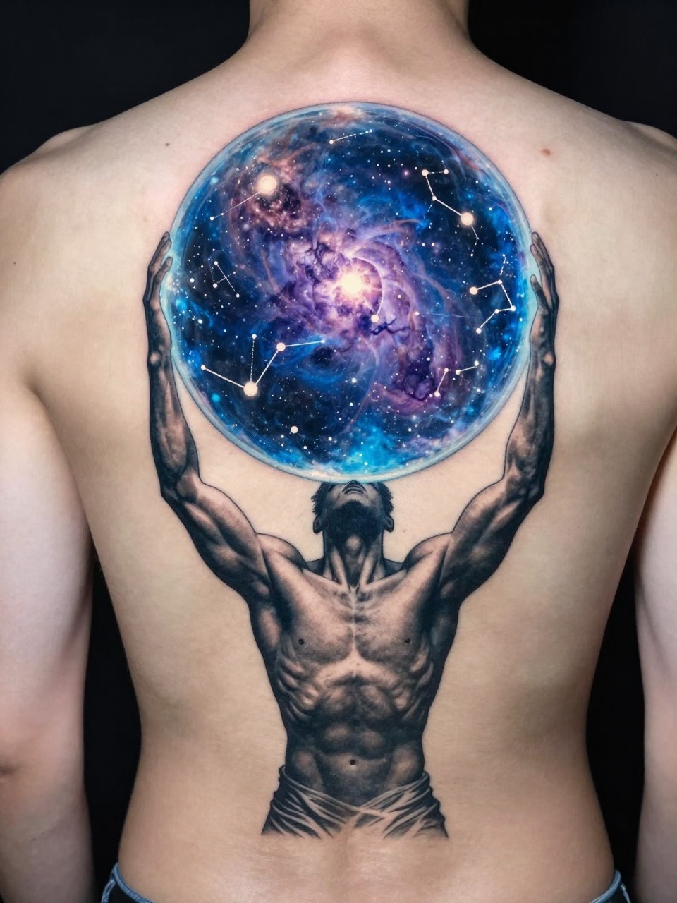 Upper back center: A muscular Atlas figure tattoo in strain, holding a massive, transparent celestial sphere filled with nebulae and constellations. The sphere glows with deep blues and purples against the figure's grey-shaded form."