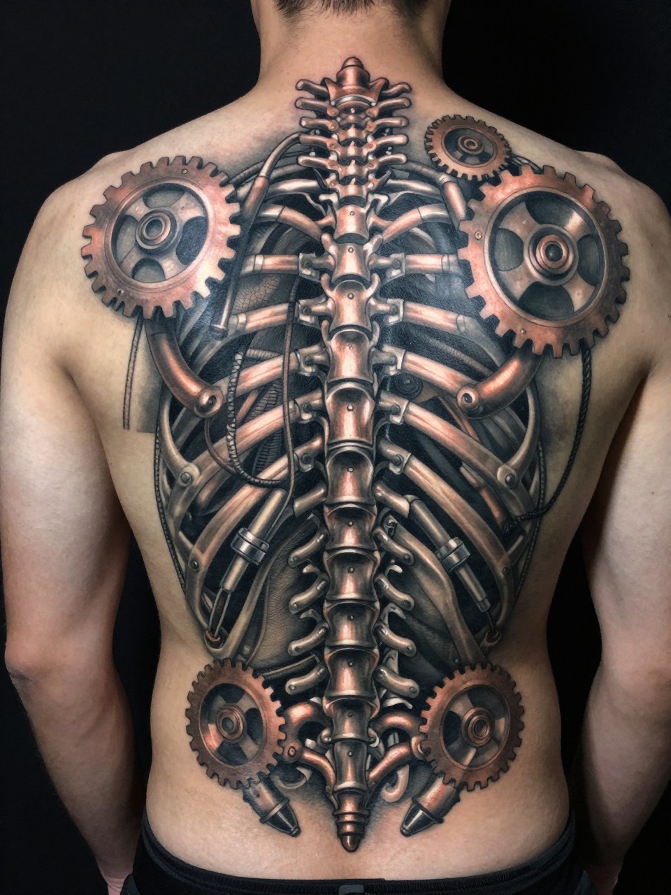Full back, high-detail tattoo on a man's back: A seamless biomechanical design where the spine is a central hydraulic column, with “ribs” of pistons and cables branching out. Metallic sheens, oiled gears, and synthetic textures in grey and copper tones."