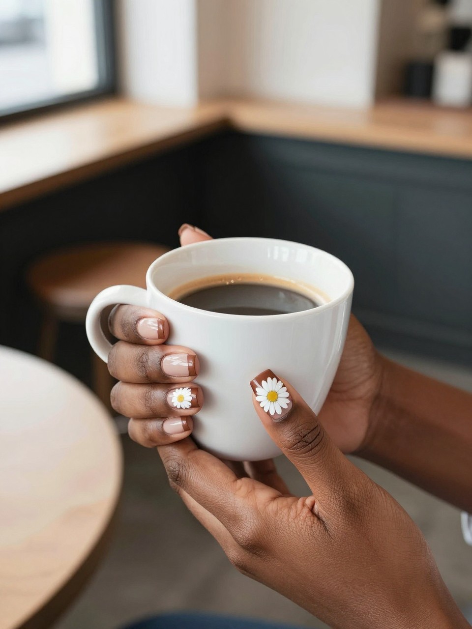 Bird's-eye view of black feminine hands with a mocha brown French tip, holding a white ceramic coffee cup. A single white daisy is painted at the seam of the brown tip on each nail. The setting is a cozy cafe corner with soft morning light. the nail design is quite obvious