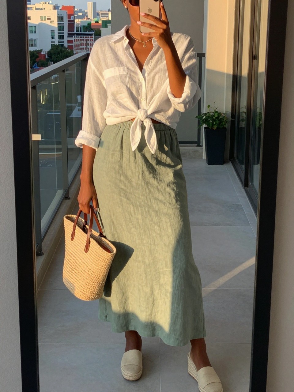 mirror selfie of a black woman wearing a white linen button-down shirt tied at the waist over a sage green linen maxi skirt with espadrille wedges and a straw beach bag, sunglasses on, standing in a relaxed summer pose, cropped at NECK so face doesn't show, in a city apartment, evening golden hour, iPhone photo quality.