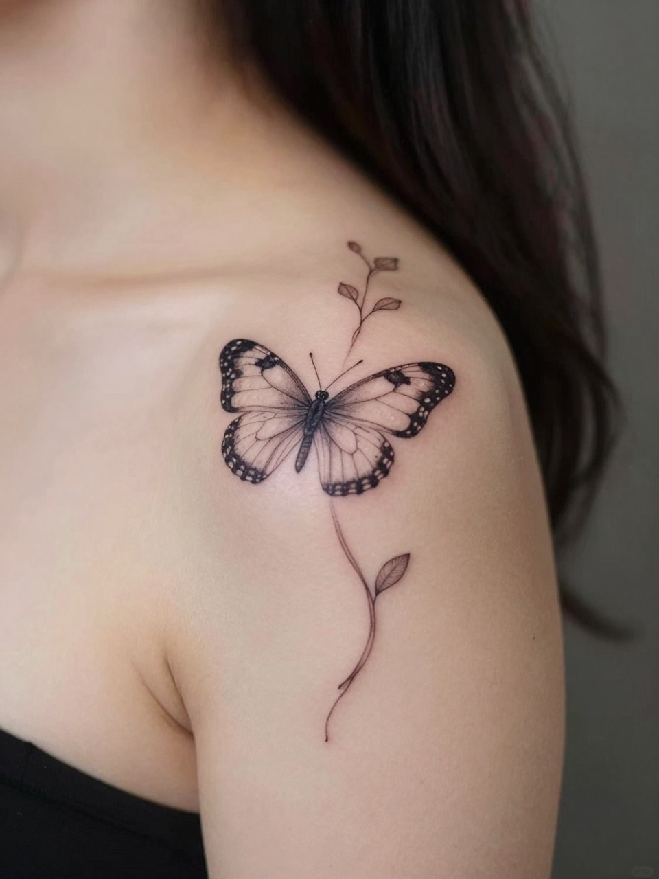 Macro shot of the front shoulder curve tattoo: a fine-line butterfly resting on a slender vine that wraps around to the back. The lines are delicate, following the collarbone and shoulder seam."