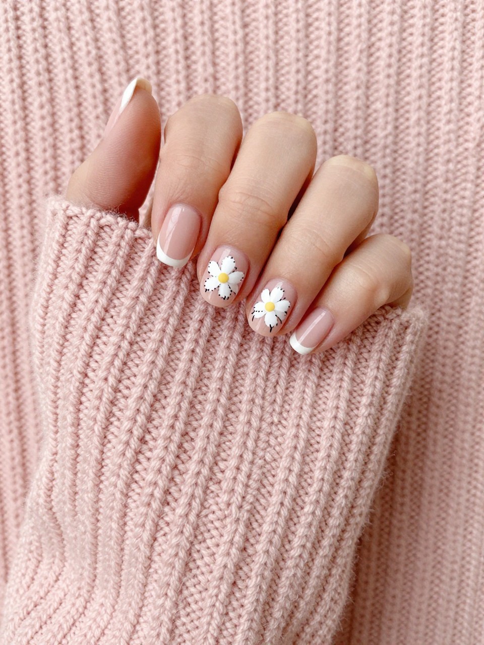 Bird's-eye view of hands with rounded nails resting on a blush-pink knitted sweater. The nails have a blush French tip and white daisy with black “stitch” marks is painted on the nude base as well. The vibe is crafty and sweet.