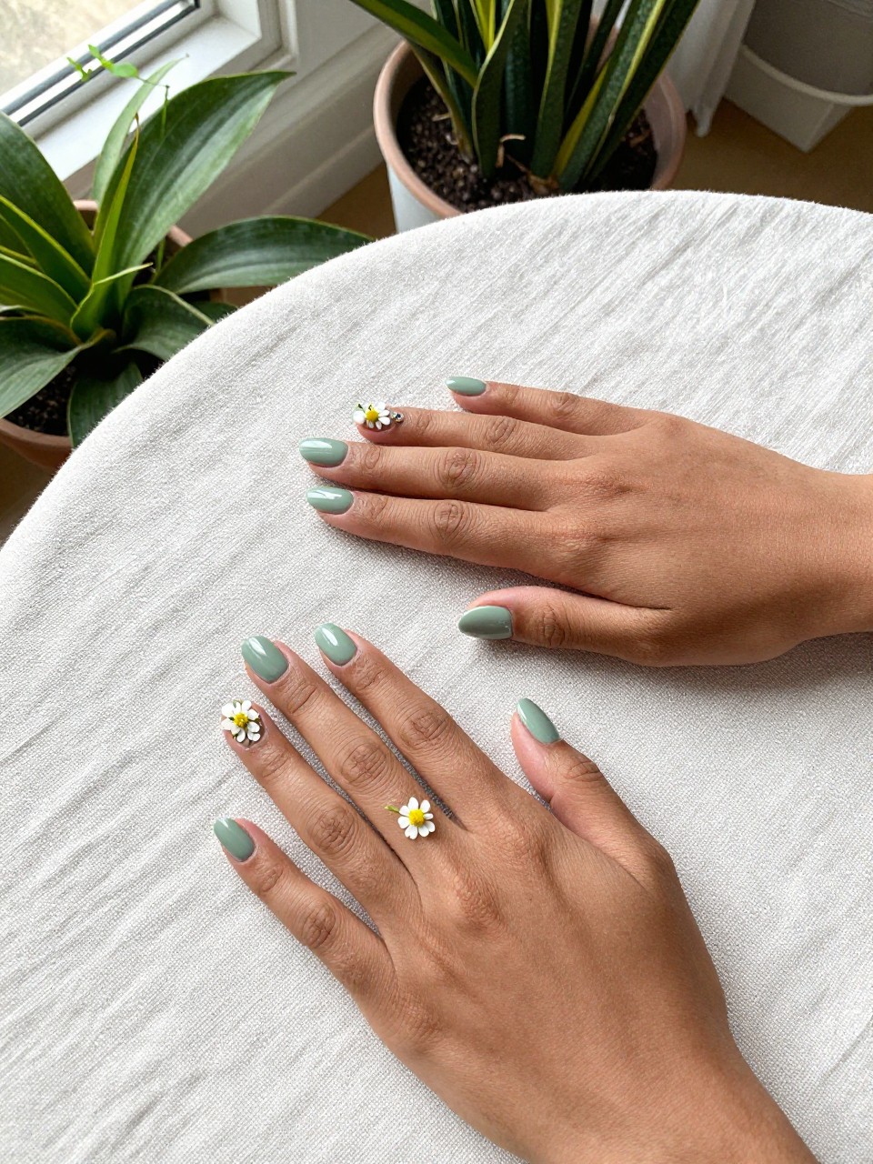 Overhead, top-down view of feminine black hands with short, oval nails resting on a textured linen tablecloth. The nails are a soft matte sage green. A scattering of tiny white wildflowers with yellow centers is painted across each nail. The setting is a bright, airy sunroom filled with plants.