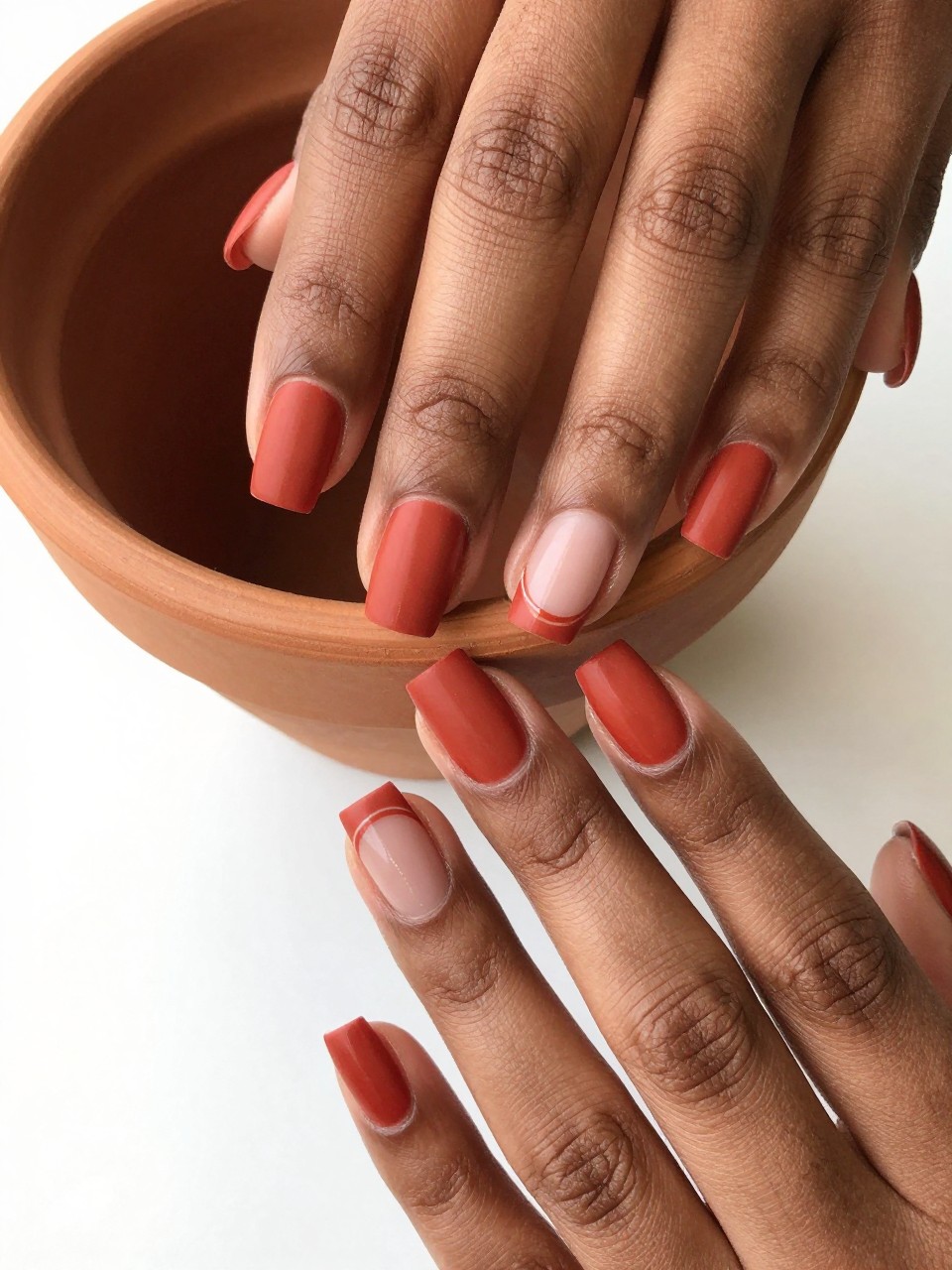 Overhead view of black feminine hands with short, square nails placed near a terracotta pot. The nails are a warm matte brick red, but each has a thin, clean line of bare natural nail left visible at the cuticle. The design looks intentional and modern in the bright light.
