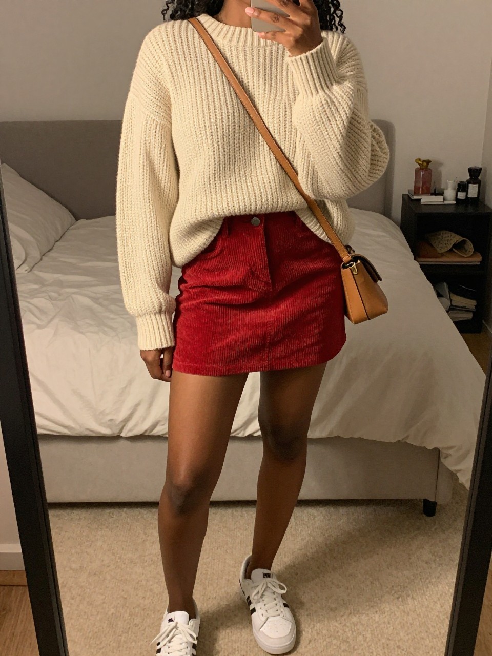 mirror selfie of a black woman wearing an oversized cream chunky sweater loosely tucked into a brick red corduroy mini skirt with white sneakers and a tan crossbody bag, standing in a cozy relaxed pose, cropped at NECK so face doesn't show, in a feminine-themed bedroom, warm moody lighting, iPhone photo quality.