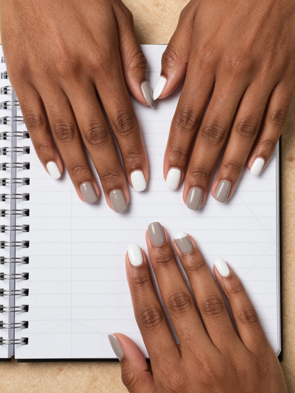Top-down view of black feminine hands with short nails placed on a geometric-patterned notebook. Each nail is split horizontally: the lower half is a matte taupe grey, the upper half is matte white. The line is perfectly straight, creating a bold, two-toned effect.