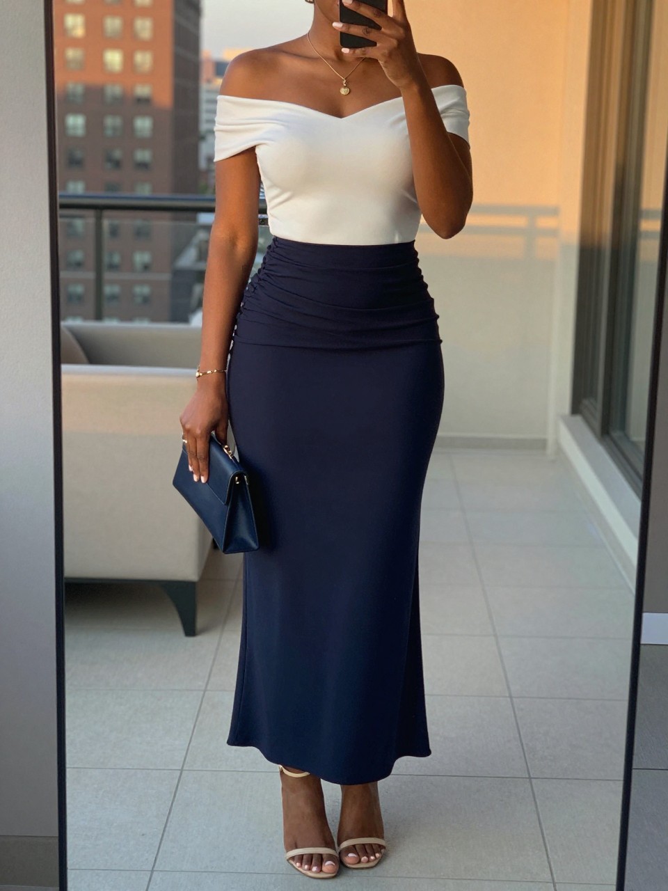 mirror selfie of a black woman wearing a white off-the-shoulder top tucked into a navy blue maxi skirt with nude strappy heeled sandals and a delicate gold pendant, holding a small navy clutch, standing in an elegant evening pose, cropped at NECK so face doesn't show, in a city apartment, evening golden hour, iPhone photo quality.