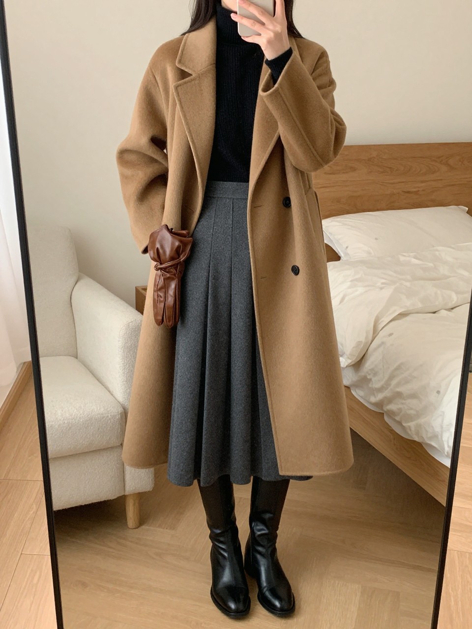 iPhone mirror selfie of a woman wearing a black fine-knit turtleneck tucked into a grey pleated midi skirt with a long camel wool coat over top and black leather knee-high boots, holding leather gloves, standing in an elegant winter pose, cropped at NECK so face doesn't show, in a feminine-themed bedroom, warm moody lighting, iPhone photo quality.