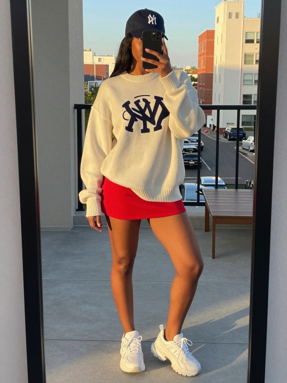 mirror selfie of a black woman wearing an oversized cream graphic logo sweater with a bright red mini skirt and chunky white sneakers, a baseball cap on, standing in a casual street-style pose, cropped at NECK so face doesn't show, in a city apartment, evening golden hour, iPhone photo quality.