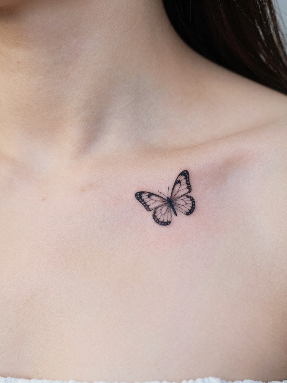 Close-up of the collarbone area tattoo: a tiny, fine-line butterfly placed in the hollow just below the collarbone, extending slightly onto the upper chest."