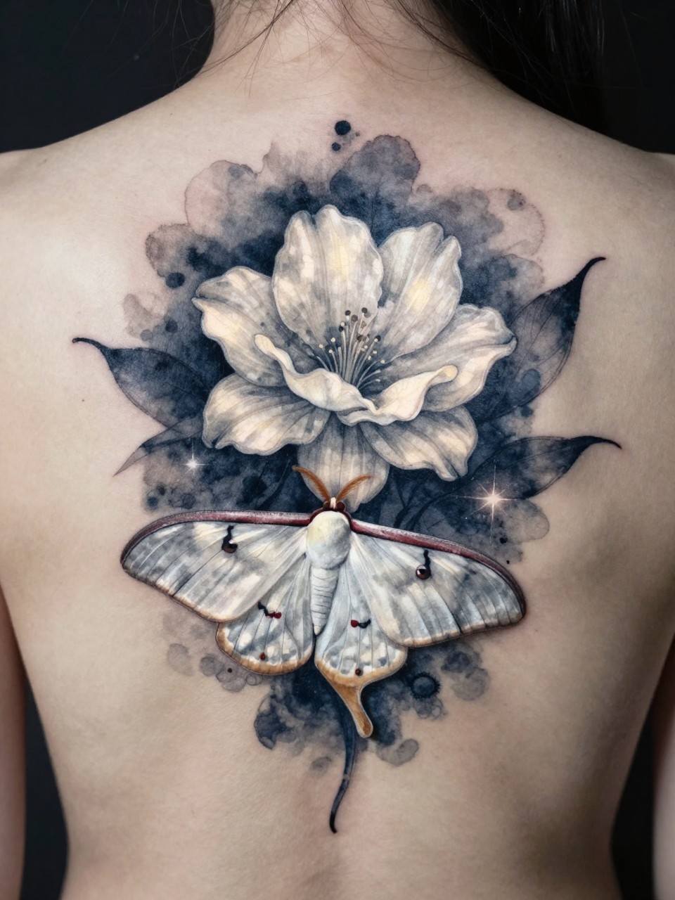 Upper back piece tattoo: a white moonflower with soft grey shading, glowing against a dark navy watercolor wash. A luna moth with delicate antennae approaches the bloom."