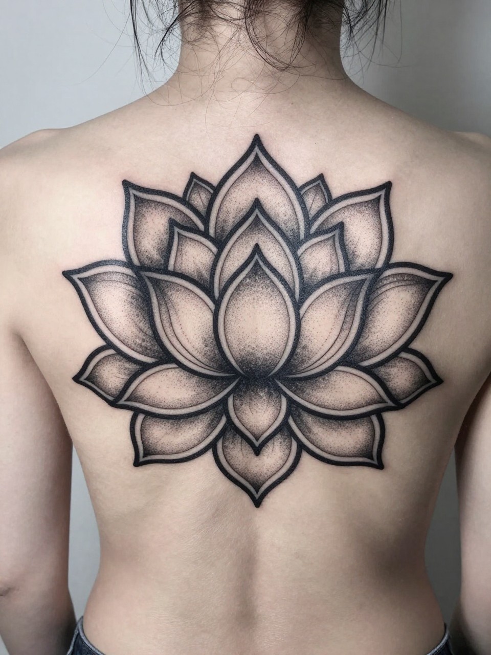 Upper back focus tattoo: a geometric lotus mandala, perfectly symmetrical from the spine. The design uses precise lines and dotwork to create texture and depth within each petal."