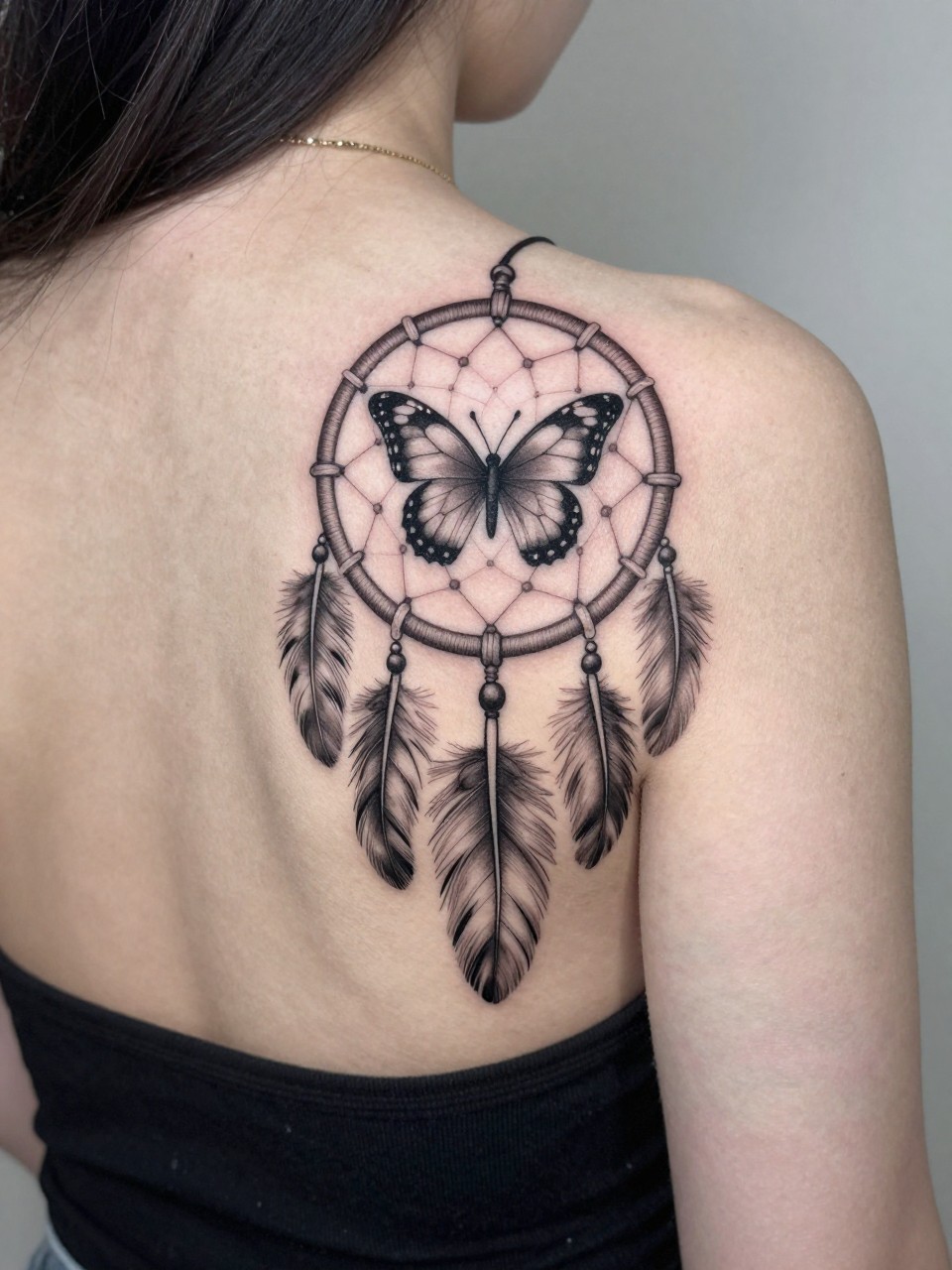Angle from the back tattoo: a dreamcatcher on the back of the shoulder, with a butterfly at its center. Feathers and beads are finely detailed.