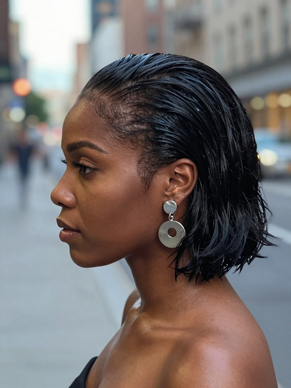 Photo of a black woman wearing a wet look bob, side profile view showing the slicked-back style, setting is a blurred city street background with evening lights, containing statement earrings visible against the sleek hair, iPhone photo quality.