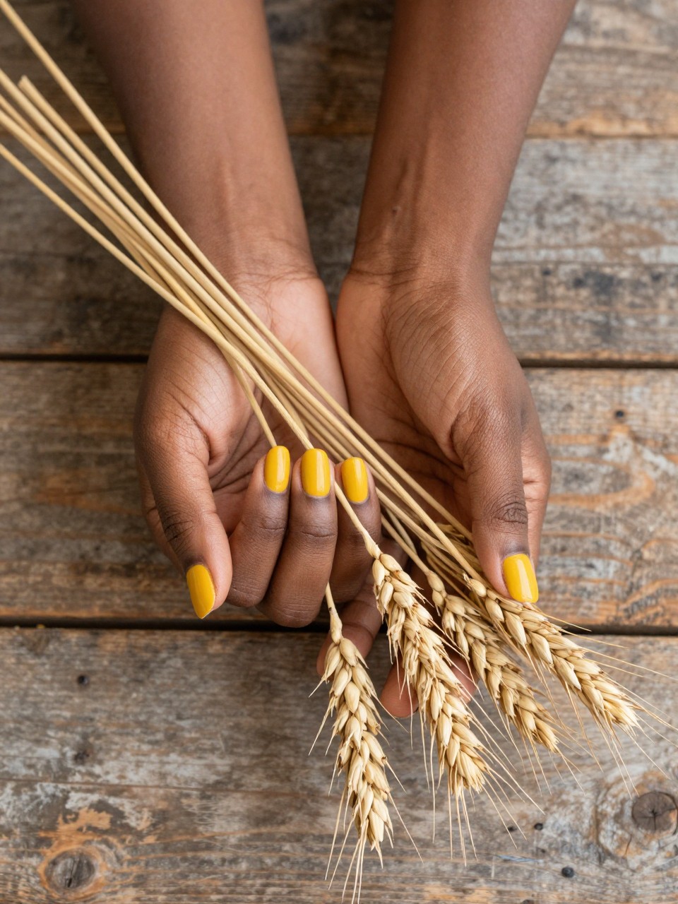 Overhead shot of black feminine hands with short, rounded nails holding a bunch of dried wheat stalks. The nails are a bold, matte mustard yellow. The background is a rustic wooden table, emphasizing the earthy, seasonal feel of the color.