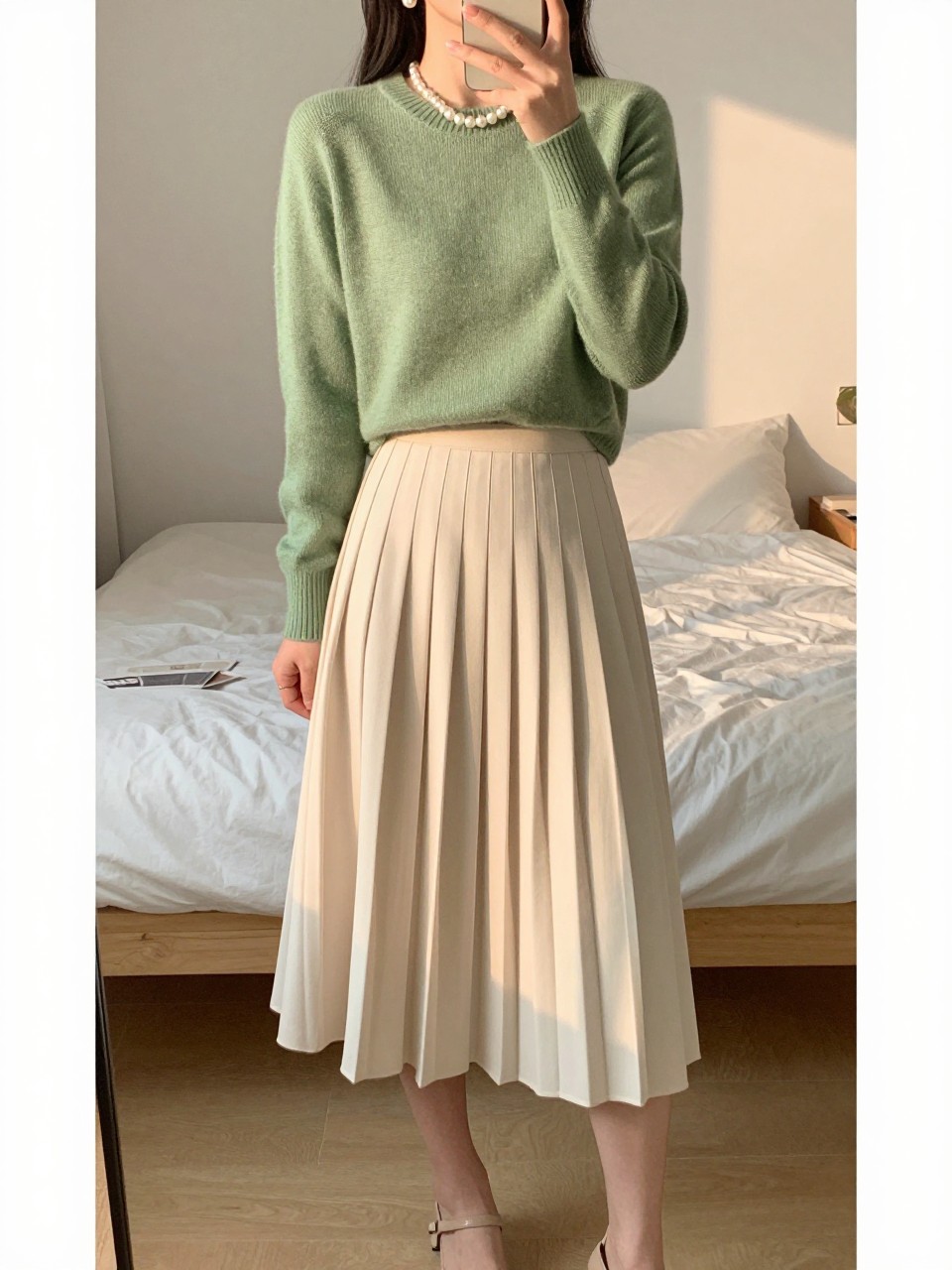mirror selfie of a woman wearing a sage green crewneck sweater tucked into a soft cream pleated midi skirt with pearl earrings and nude block-heel sandals, one hand gently touching her pearls, cropped at NECK so face doesn't show, in a feminine-themed bedroom, evening golden hour, iPhone photo quality.