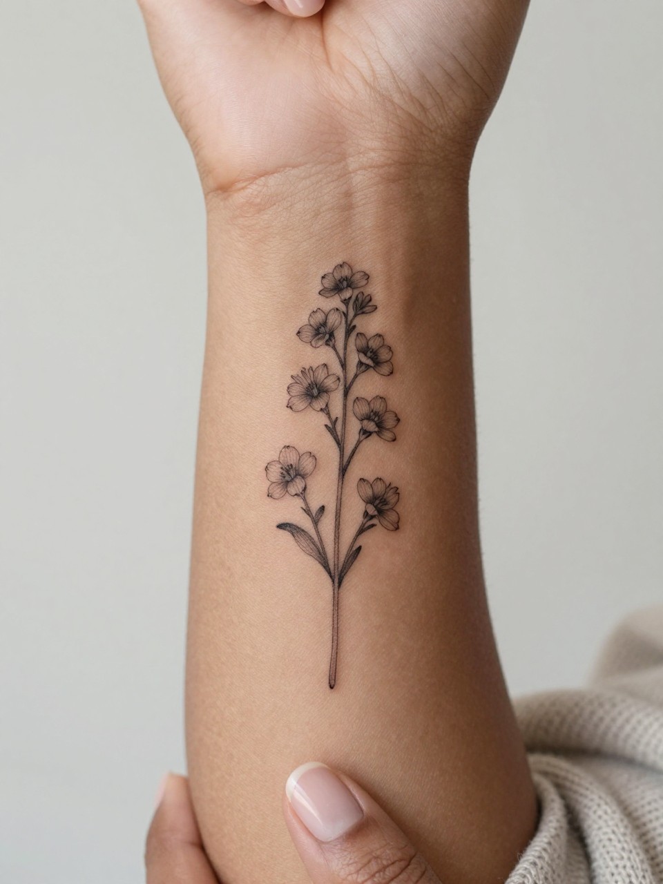 Image Prompt: "Extreme close-up of a fine line larkspur flower tattoo on the inner wrist of a black feminine woman, delicate black ink floral design with tiny blossoms climbing a slender stem, subtle grey shading, minimalist feminine style, realistic skin texture, neutral manicure, soft knit sweater sleeve slightly visible, design-focused close-up, clean soft background, modern tattoo inspiration photo, tattoo is the clear main subject (no watermarks on images)"