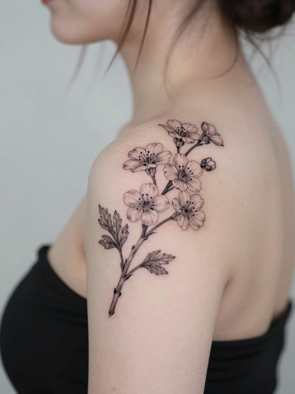 Image Prompt: "Design-focused close-up of a blooming hawthorn tattoo on the shoulder blade, black ink fine line floral style with soft grey shading, elegant stem and open blossoms, realistic skin texture, hair loosely pinned up, clean feminine styling, soft minimal background, tattoo fills most of the frame (no watermarks on images)"
