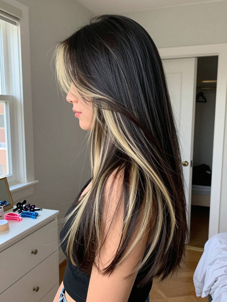 Photo of a woman wearing long black layered hair with creamy blonde highlights and soft body, side profile view, in a sun-drenched bedroom, natural window light, containing a small lived-in detail such as sectioning clips on the dresser and a slightly open closet behind, latest iPhone photo quality.