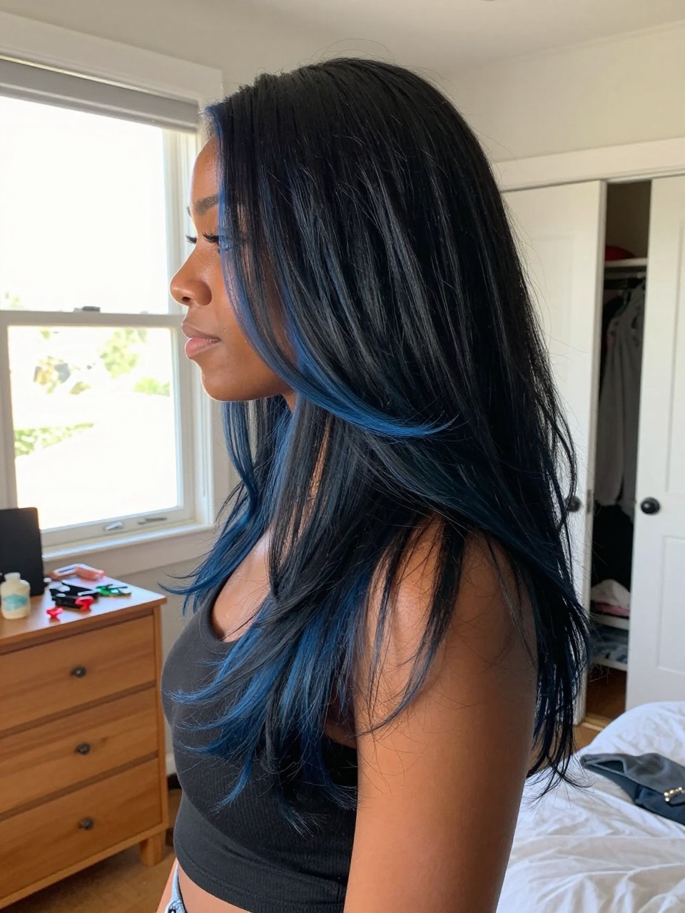 Photo of a black woman wearing long layered black hair with smoky blue highlights and soft movement, side profile view, in a sun-drenched bedroom, natural window light, containing a small lived-in detail such as sectioning clips on the dresser and a slightly open closet behind, latest iPhone photo quality.