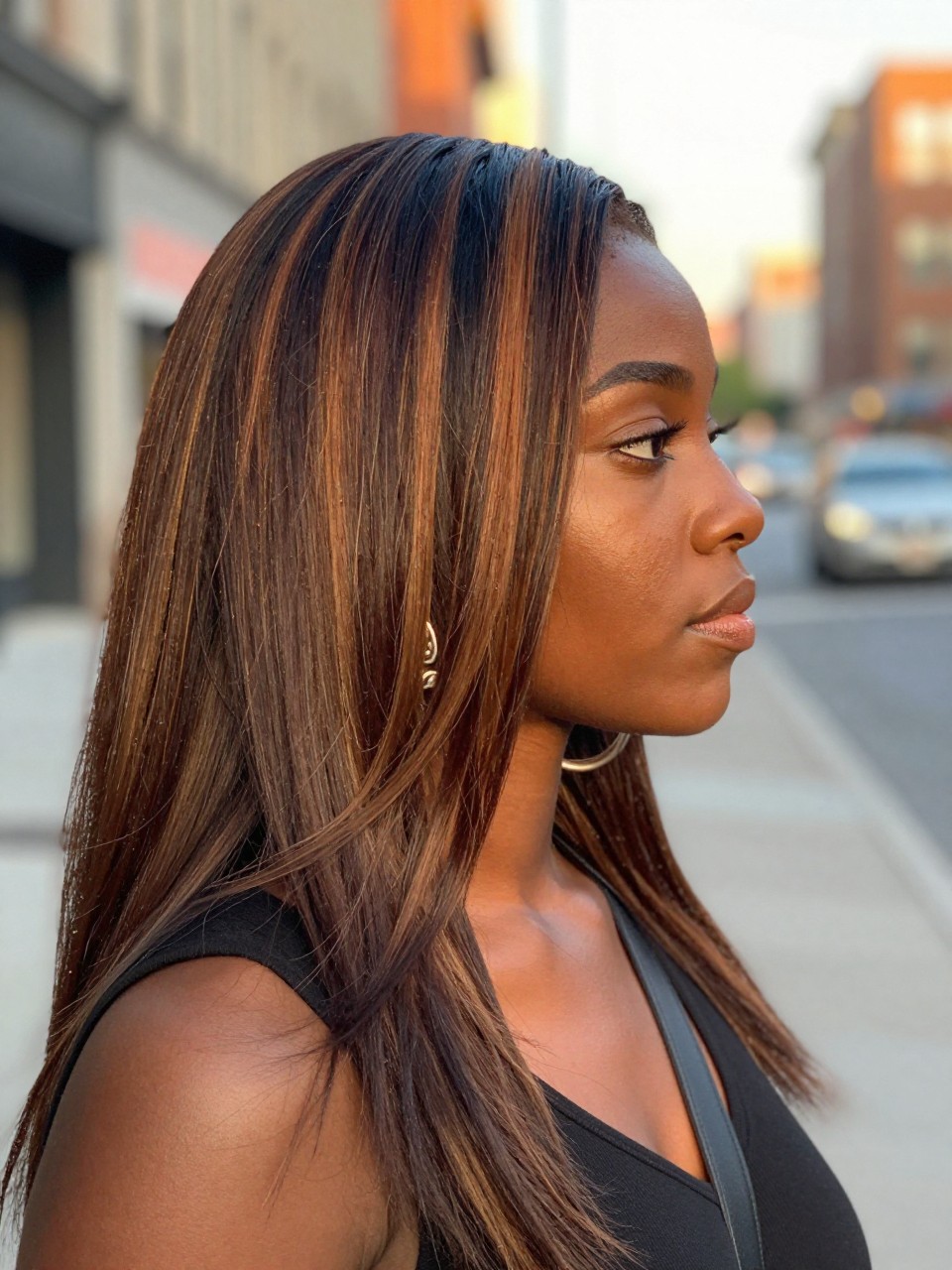 Photo of a black woman wearing long straight brown hair with deep face-framing dark highlights, side profile view, in a softly blurred city street background, golden hour glow, containing a small lived-in detail such as statement earrings peeking through and a crossbody strap on the shoulder, latest iPhone photo quality.