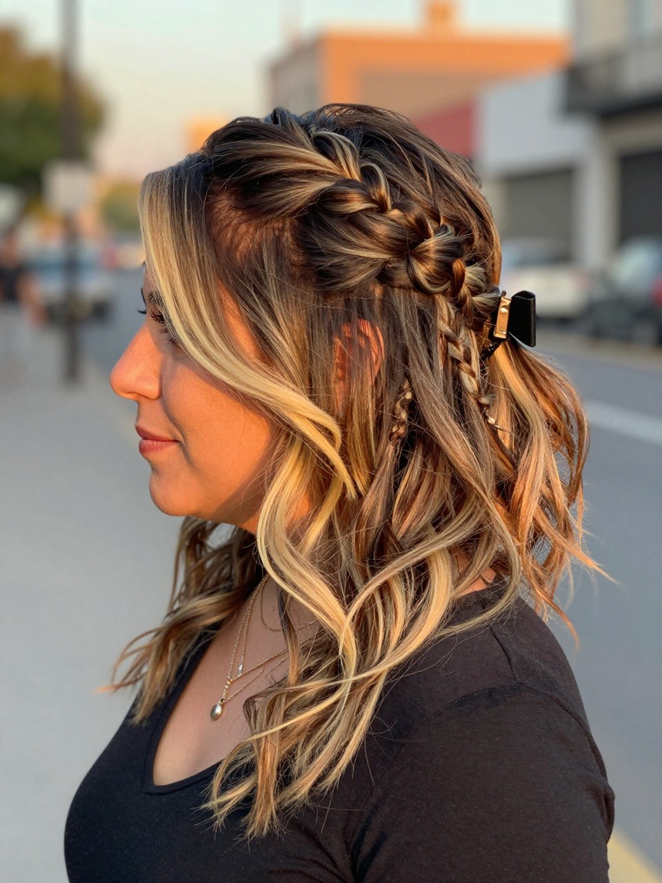 Photo of a mexican woman wearing a half-up twisted hairstyle on brown hair with bold blonde chunky highlights through the loose lengths, side profile view, in a softly blurred city street background, golden hour glow, containing a small lived-in detail such as a bow clip at the back and layered necklaces, latest iPhone photo quality.