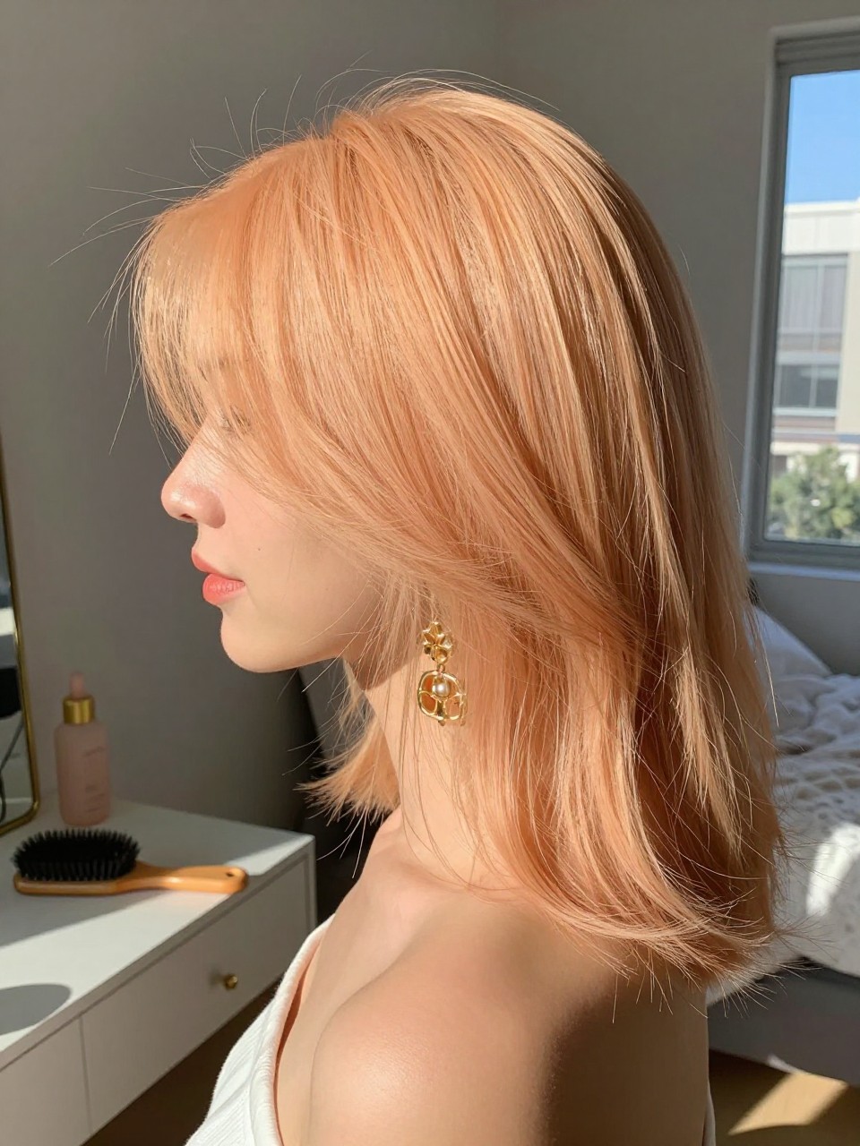 Photo of a woman wearing soft apricot blonde hair in a smooth bouncy blowout, side profile view, sun-drenched bedroom setting, natural window light, with a round brush on the vanity and statement earrings peeking through, latest iPhone photo quality.