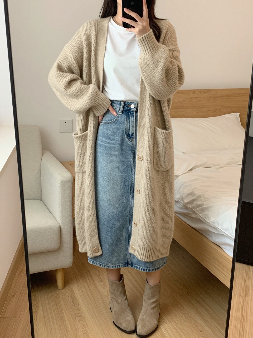 iPhone mirror selfie of a woman wearing a long beige chunky cardigan over a white tee tucked into a light-wash denim midi skirt with flat suede ankle boots, sunglasses perched on her head, standing in a casual pose, cropped at NECK so face doesn't show, in a feminine-themed bedroom, warm moody lighting, iPhone photo quality.