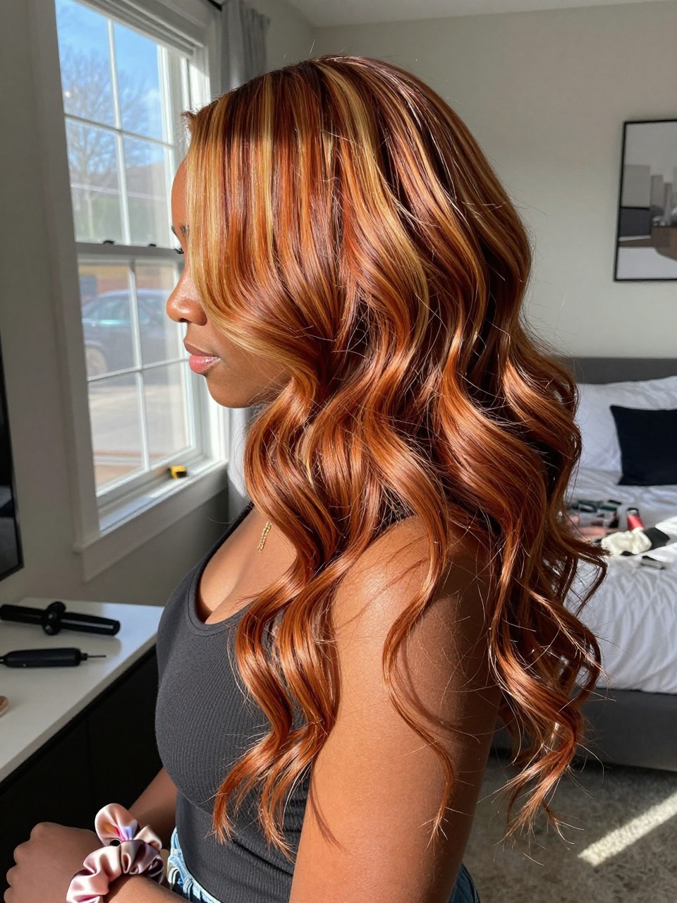 Photo of a black woman wearing soft copper waves with honey blonde highlight ribbons woven through the lengths, side profile view, in a sun-drenched bedroom, natural window light, containing a small lived-in detail such as a curling iron on the counter and a silk scrunchie on the wrist, latest iPhone photo quality.