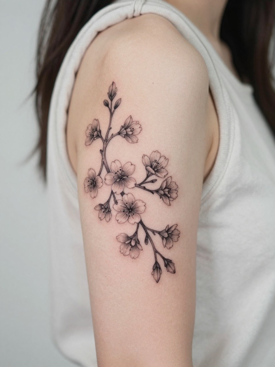 Image Prompt: "Close-up of a hawthorne branch tattoo on the upper arm, black ink floral design with fine line branch, tiny blossoms, and soft grey shading, medium-size composition, realistic skin texture, sleeveless blouse edge softly visible, modern feminine tattoo inspiration image, minimal clean background, tattoo dominates the image (no watermarks on images)"