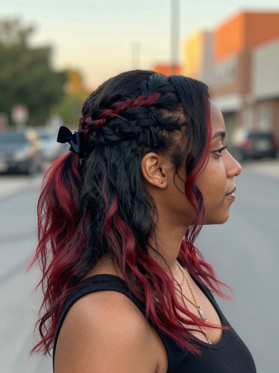 Photo of a biracial woman wearing a half-up twisted hairstyle on black hair with red highlights through the loose lengths, side profile view, in a softly blurred city street background, golden hour glow, containing a small lived-in detail such as a bow clip at the back and layered necklaces, latest iPhone photo quality.