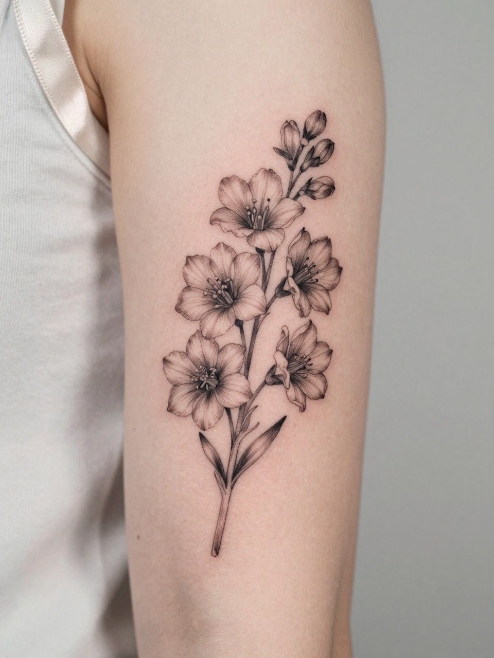 Image Prompt: "Design-focused close-up of a larkspur tattoo on the inner bicep, black ink fine line floral style, soft blossoms with subtle shading, realistic skin texture, satin ribbon nearby as a subtle feminine detail, tight crop, minimal soft background, modern lifestyle-inspired tattoo image, tattoo is the clear main subject (no watermarks on images)"