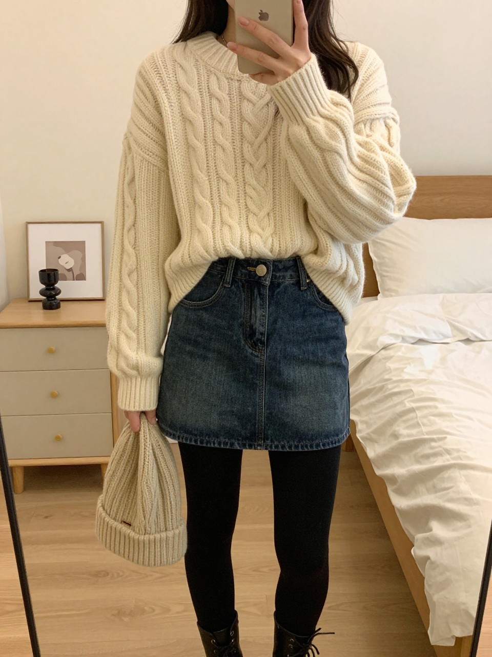 iPhone mirror selfie of a woman wearing an oversized cream cable-knit sweater over a dark-wash denim mini skirt with black tights and combat boots, holding a knit beanie in one hand, cropped at NECK so face doesn't show, in a feminine-themed bedroom, warm moody lighting, iPhone photo quality.