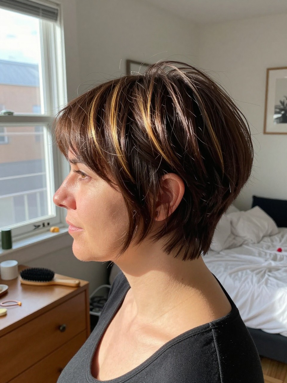 Photo of a woman wearing a short chocolate brown pixie bob with golden highlight pieces through the crown and front, side profile view, in a sun-drenched bedroom, natural window light, containing a small lived-in detail such as a round brush on the dresser and a small barrette nearby, latest iPhone photo quality.