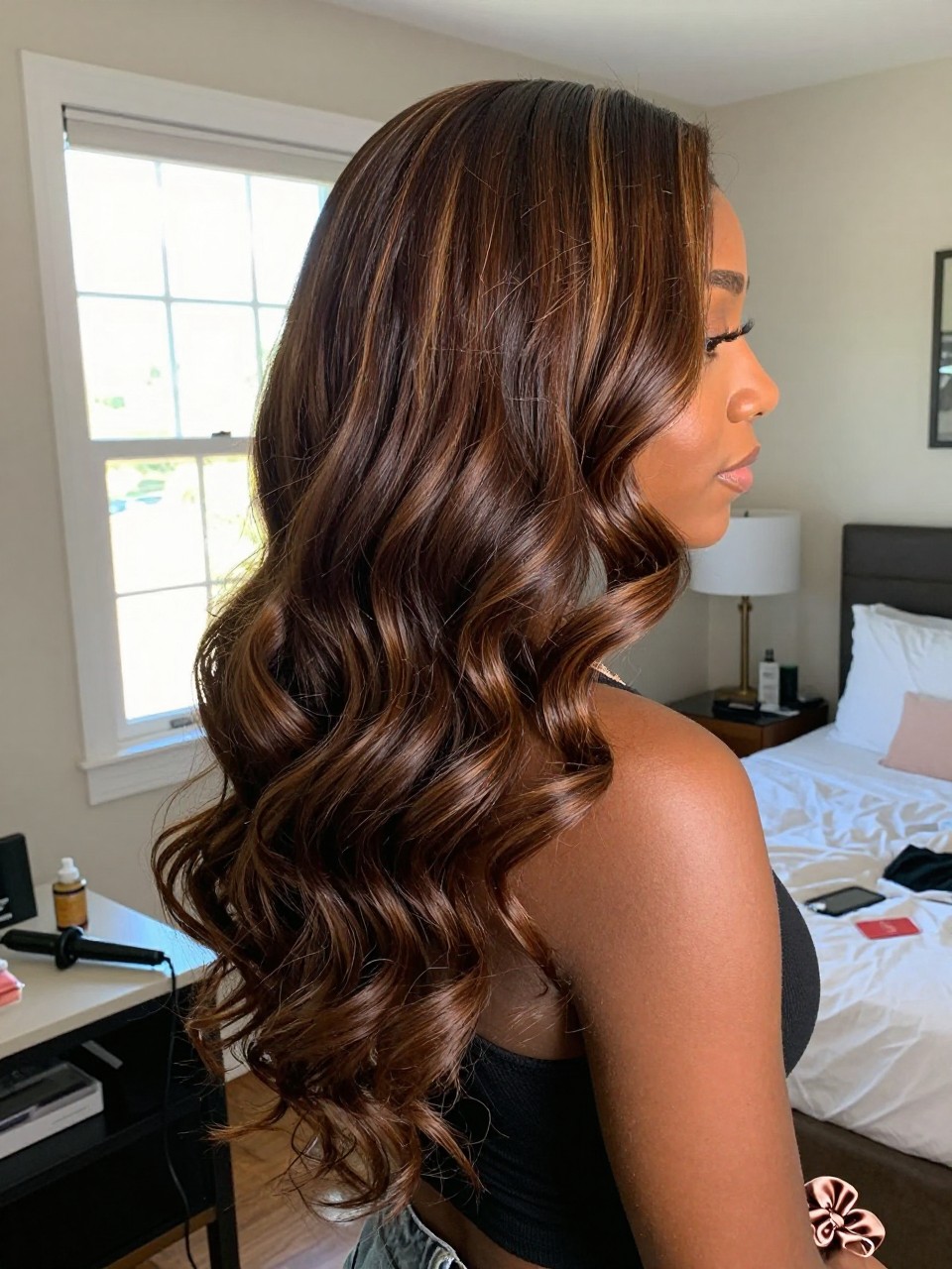 Photo of a Black woman wearing soft chocolate brown waves with caramel highlights woven through the lengths, side profile view, in a sun-drenched bedroom, natural window light, containing a small lived-in detail such as a curling iron on the counter and a silk scrunchie on the wrist, latest iPhone photo quality.