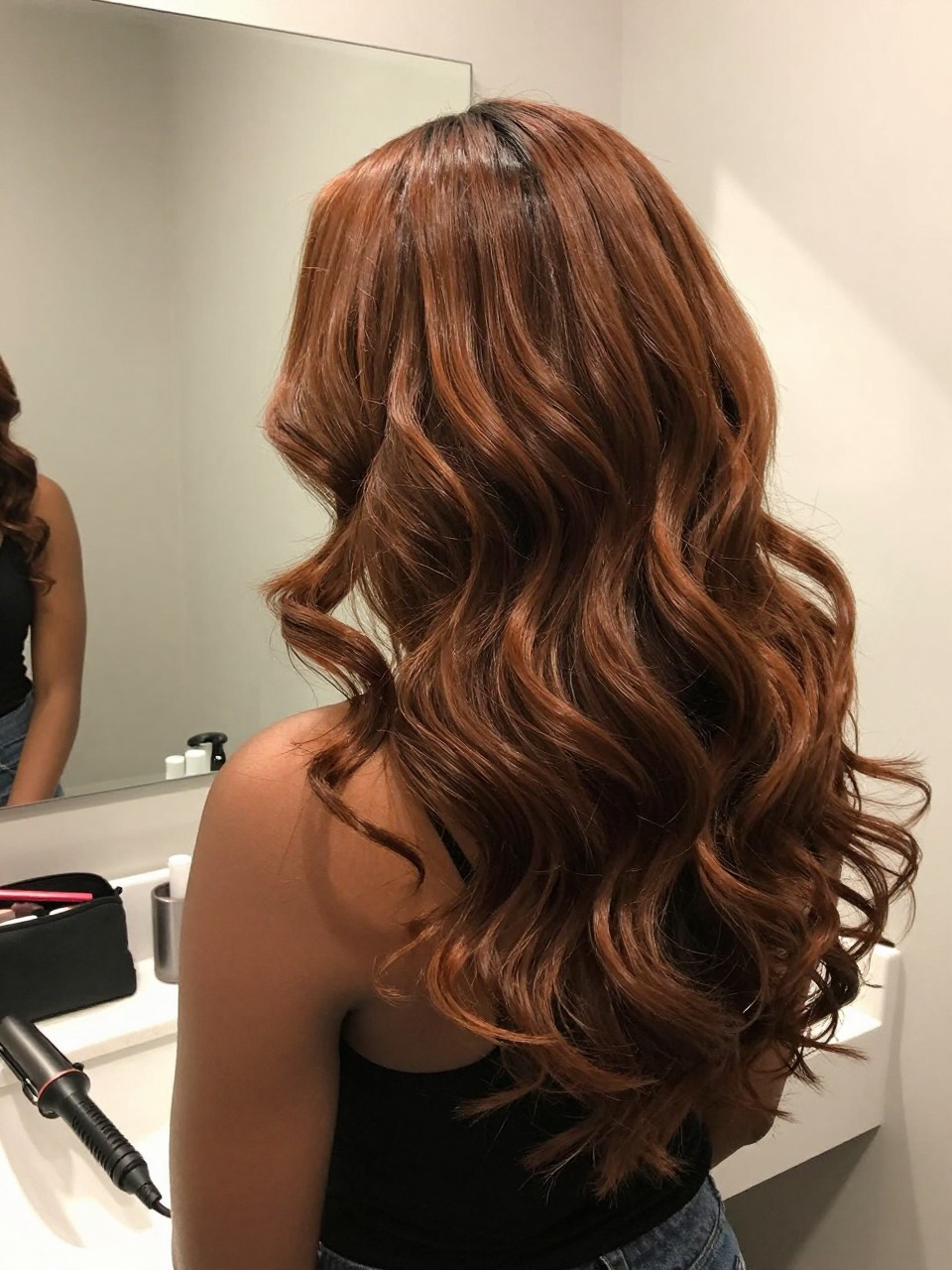 Photo of a black woman wearing cinnamon brown shiny hair in loose summer waves, back-of-head view to highlight the warm brown-red tone, bathroom vanity mirror setting, soft indoor lighting, with a curling wand on the counter and a makeup bag nearby, latest iPhone photo quality.