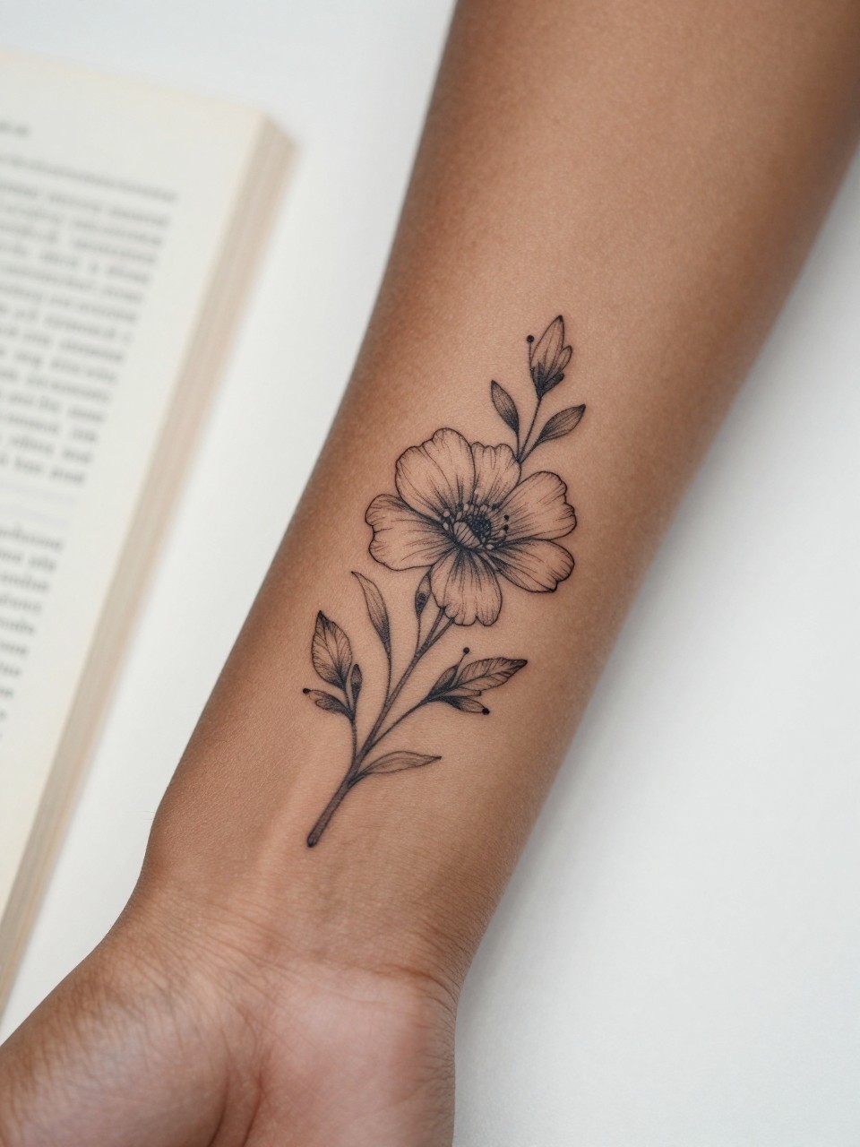 Image Prompt: "Close-up of a fine line flower tattoo with tiny handwritten name script on the inner forearm of a black woman, black ink floral design with delicate petals, soft shading, elegant cursive detail, realistic skin texture, book page underneath the arm, feminine soft lifestyle context, clean background, tattoo-centered inspiration photo (no watermarks on images)"