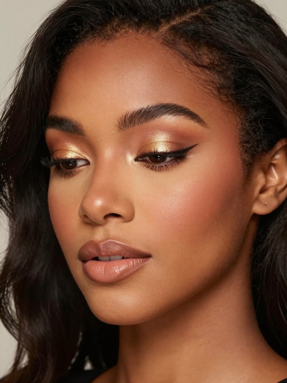 IMAGE_PROMPT: Super realistic close-up beauty portrait of a Black woman wearing soft glam makeup with soft golden shimmer eyelids, warm tan crease, a short soft brown winged liner, warm apricot blush, neutral nude satin lips, glowing skin, and softly defined brows, shot from a three-quarter face angle, with diffused beauty studio lighting that clearly reveals the lid shimmer, liner shape, and skin glow, realistic skin texture, softly waved black hair, minimal neutral backdrop, feminine modern beauty photography, latest iPhone photo quality (no watermarks on images).