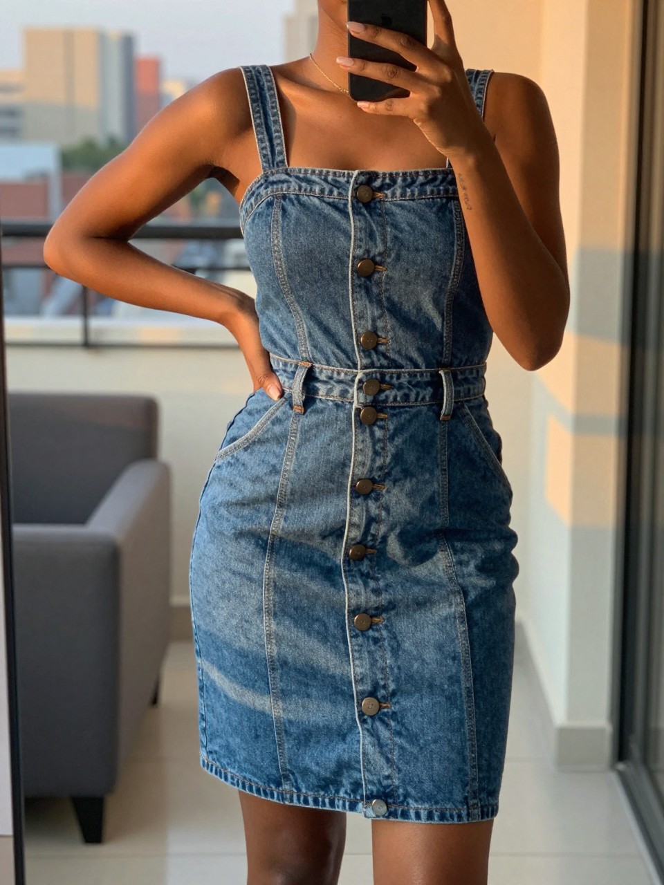 mirror selfie of a Black woman wearing a button-front denim skirt with a simple top, standing with one hand on her hip and phone in the other, cropped at NECK so face doesn't show, in a city apartment, evening golden hour light, iPhone photo quality.