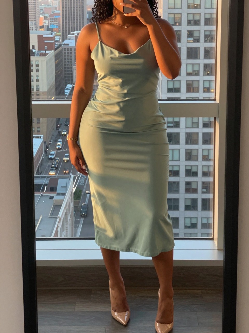 mirror selfie of a curvy black woman in a sage green slip dress and nude heels, standing in a hotel room with city lights visible through the window, cropped at NECK so face doesn't show, in a city apartment, evening golden hour, iPhone photo quality.