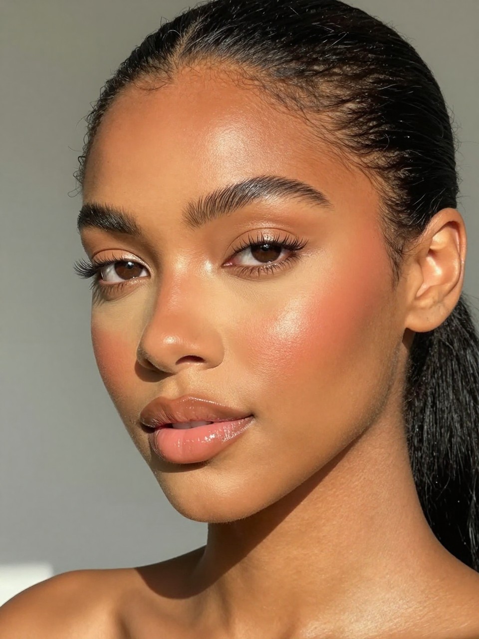 IMAGE_PROMPT: Super realistic close-up beauty portrait of a Black woman wearing clean girl makeup with radiant golden skin, warm bronzed cheeks, apricot blush, sheer honey-nude glossy lips, softly lifted natural lashes, and brushed brows, shot from a three-quarter view, with golden soft natural light that clearly reveals the skin glow and realistic texture, realistic skin texture, sleek pulled-back ponytail, minimal neutral background, feminine modern beauty photography, latest iPhone photo quality (no watermarks on images).