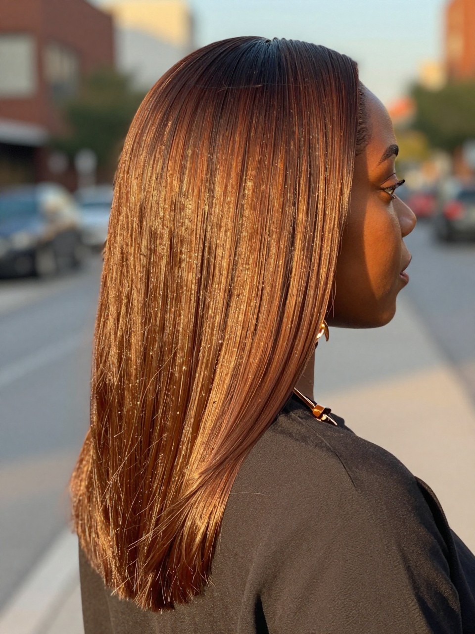 Photo of a black woman wearing golden espresso glossy hair styled sleek and smooth, back-of-head view to highlight the deep brunette color and warm shine, softly blurred city street background, golden hour glow, with a hair clip clipped to her collar and statement earrings peeking through, latest iPhone photo quality.