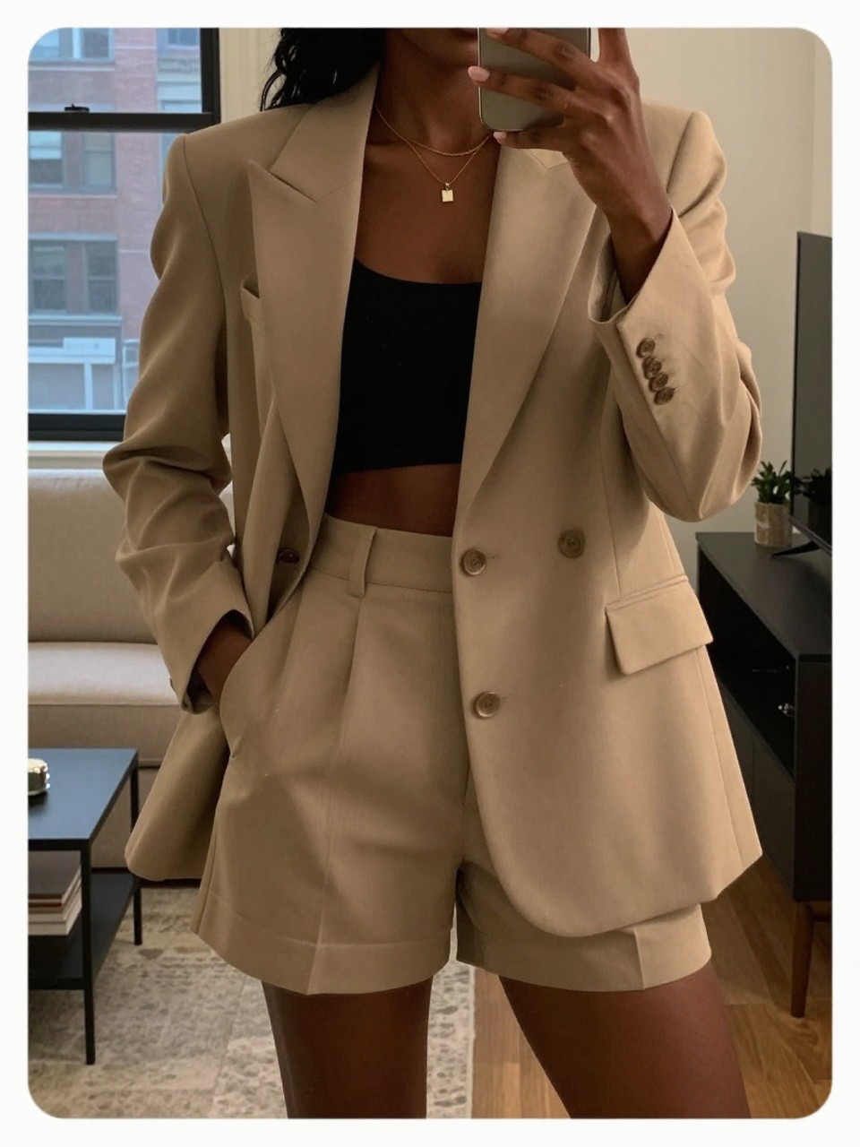 iPhone mirror selfie of a black woman in a tailored shorts set, hand in blazer pocket, cropped at NECK so face doesn't show, in a city apartment, warm moody lighting, iPhone photo quality.