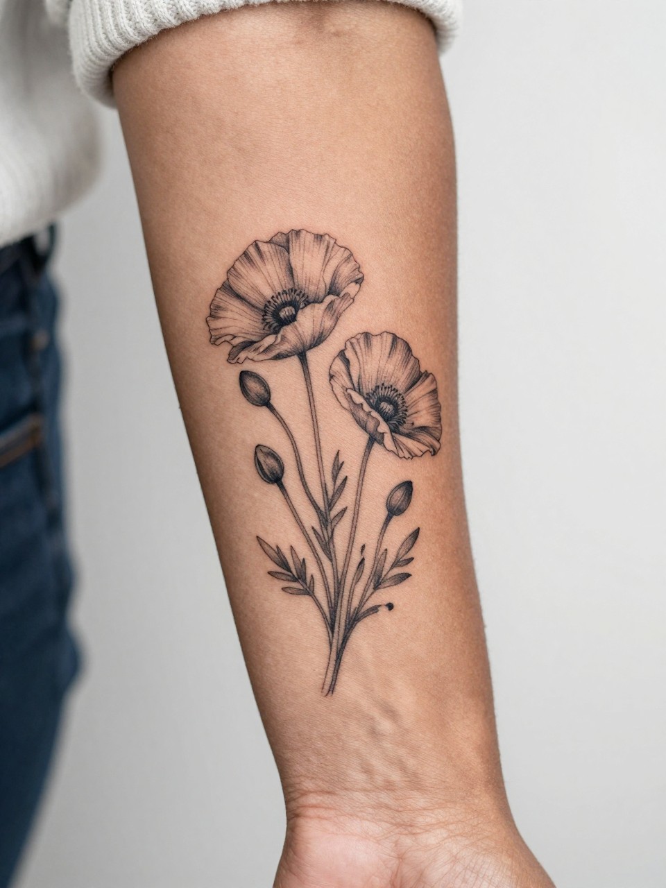 Image Prompt: "Extreme close-up of a small poppy bouquet tattoo on the forearm of a black feminine woman, black ink fine line floral design with multiple open blooms, soft grey shading, elegant stem arrangement, realistic skin texture, neutral manicure, soft knit sleeve slightly visible, design-focused tattoo inspiration photo, clean minimal background, tattoo fills most of the visual focus (no watermarks on images)"