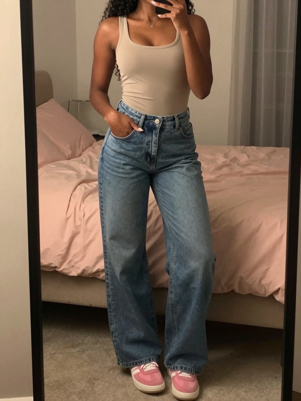 mirror selfie of a black woman in wide-leg jeans and a fitted top with pink sneakers, standing with one hand in pocket, cropped at NECK so face doesn't show, in a feminine-themed bedroom, warm moody lighting, iPhone photo quality.