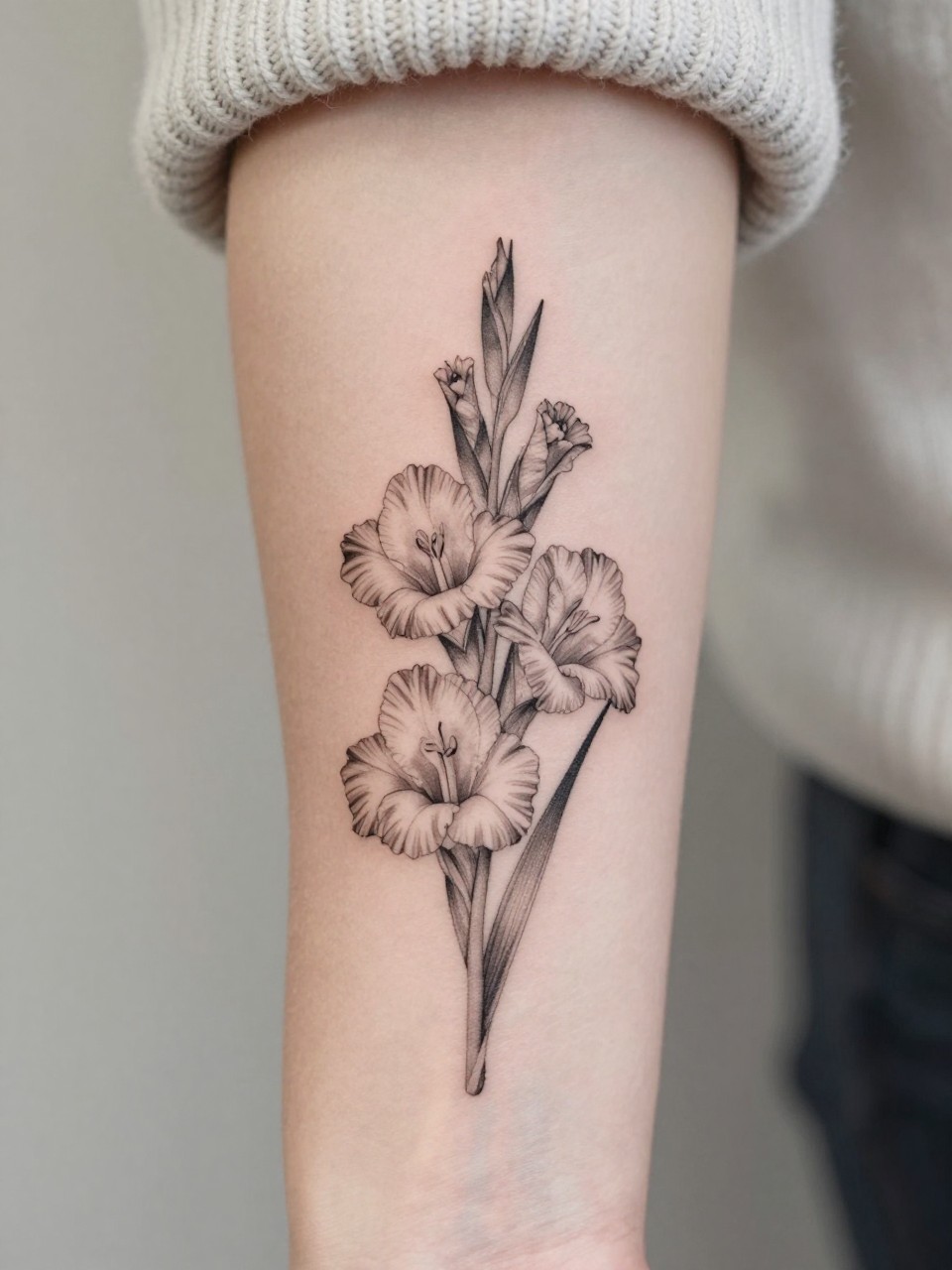 Image Prompt: "Extreme close-up of a fine line August birth flower gladiolus tattoo on the forearm, delicate black ink floral design with tall stacked blooms on a slender stem, subtle grey shading, realistic skin texture, neutral manicure, soft knit sleeve slightly visible, design-focused close-up, feminine modern tattoo inspiration photo, minimal soft background, tattoo is the clear main subject (no watermarks on images)"